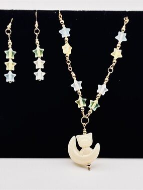 Hand Crafted Star & Cat Moon Necklace Set in Green, Blue and Cream